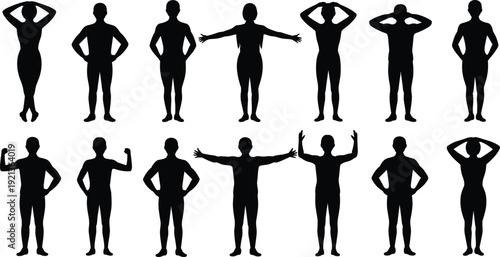 Collection of Diverse Male and Female Body Silhouettes in Various Poses and Gestures Isolated on White Background for Design Reference Anatomy and Fashion Illustration