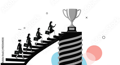 A line of determined businesswomen ascends a spiral staircase towards a large trophy, symbolizing ambition, career progression, and achieving professional success.