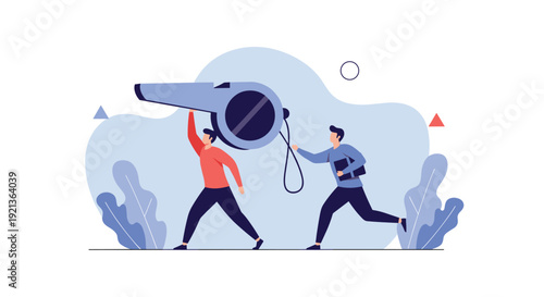 Two men carry a gigantic whistle, with one running ahead, symbolizing leadership, coaching, and signaling a call to action or a new initiative.