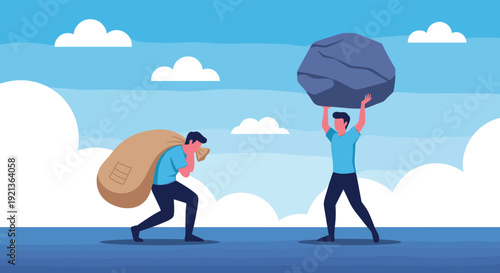 One man struggles with a heavy money bag while another effortlessly lifts a large rock, illustrating varying burdens, strength, and financial pressures.