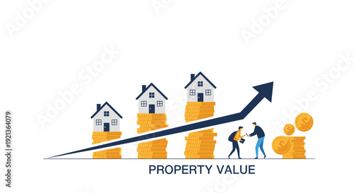 Increasing stacks of coins topped with houses alongside an upward arrow and "PROPERTY VALUE" text, illustrating real estate investment and market appreciation.