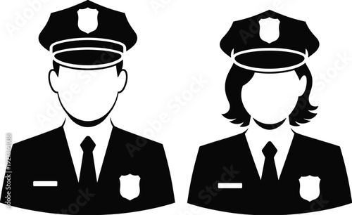 Male and Female Police Officer Avatar Icons in Uniform and Cap Isolated on White Background Representing Law Enforcement Security Personnel and Public Safety