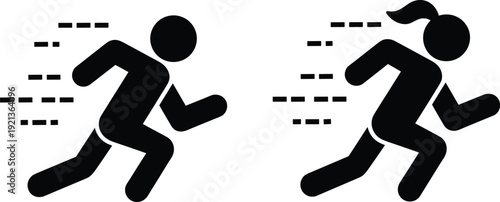 Black Vector Illustration of Running Man and Woman Stick Figures with Speed Lines Representing Fast Motion Sprinting Exercise and Healthy Lifestyle Fitness Goals
