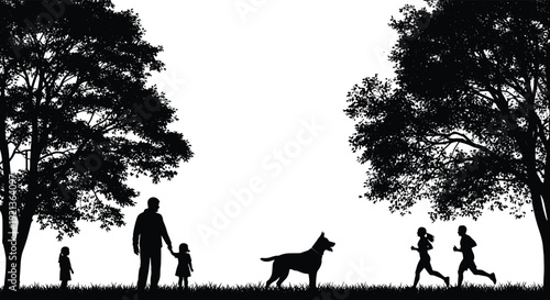Flat vector silhouettes of family, joggers, and dog in outdoor park scene