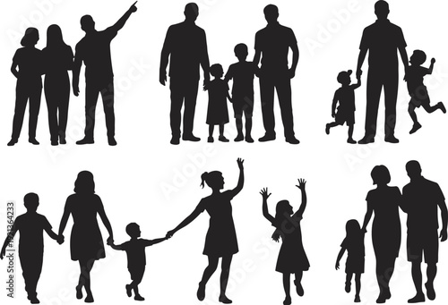 Flat vector silhouettes of families walking, playing, and bonding together outdoors