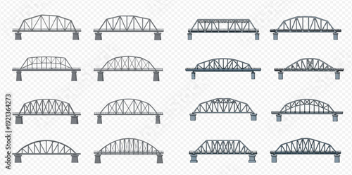 A variety of steel truss bridge icons on a transparent background.
