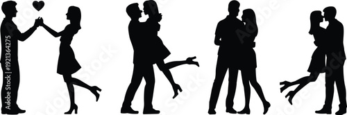 Flat vector silhouettes of couples kissing, embracing, and romantic love posesFlat vector silhouettes of couples kissing, embracing, and romantic love poses