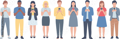 Diverse group of people using smartphones, standing in row isolated on white background social media concept
