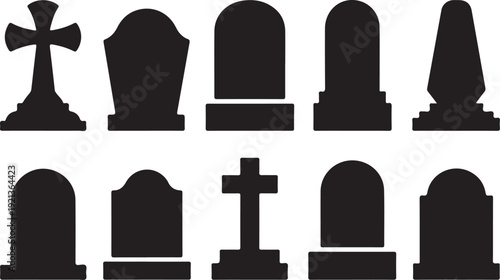 Set of gravestone silhouettes isolated on white background. Vector illustration