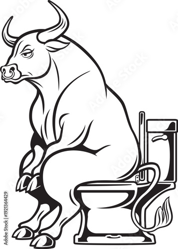 Cartoon style bull sitting on a toilet
