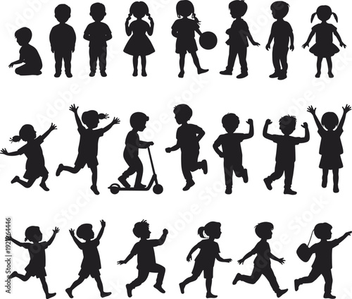 Flat vector silhouettes of children running, jumping, and playful activity poses