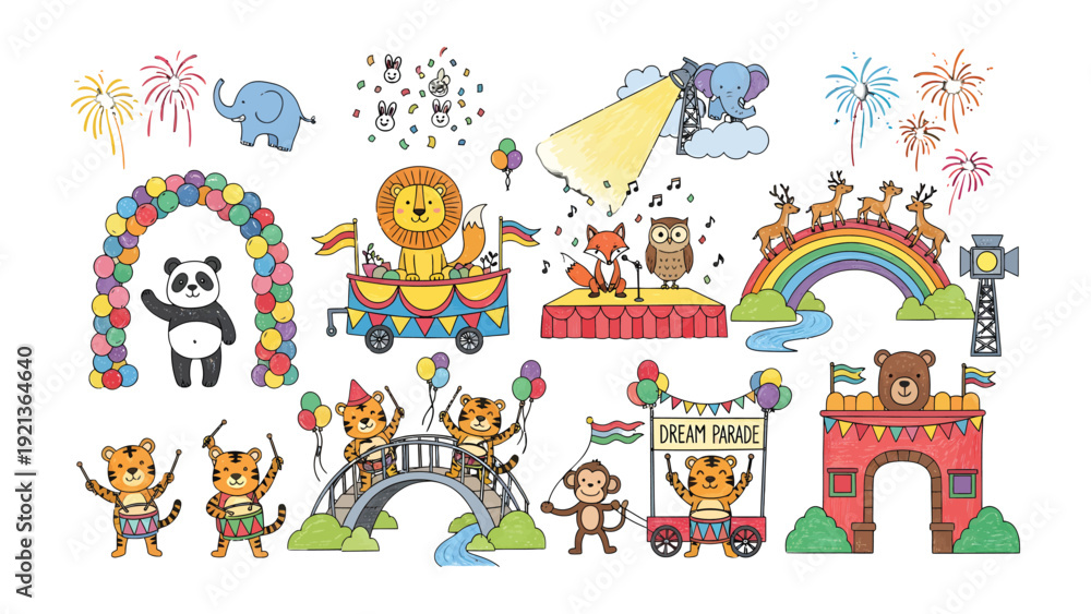 Naklejka premium Whimsical Circus: An imaginative illustration of a circus filled with adorable animals, showcasing vibrant colors, cheerful characters, and the excitement of a spectacular show.