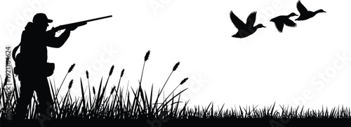 Flat vector silhouette of hunter aiming shotgun at flying ducks outdoors