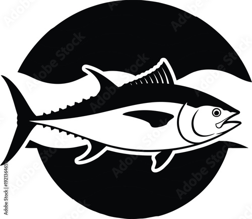 Tuna fish icon in black circle with waves for logo or sign. World tuna day