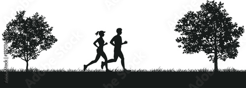 Flat vector silhouette of two people jogging outdoors between trees