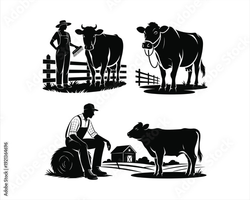 Owner with cow silhouette Vector silhouette illustration design, owner with cow vector, farmer with cow silhouette, person with cow vector illustration, cattle owner silhouette, human and cow