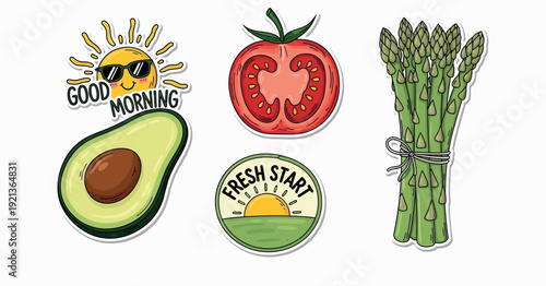 A stickers illustration features a collection of healthy food items and motivational phrases to help start your day on a positive note.