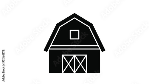 Traditional black barn silhouette icon with white details isolated on white background for farm and rural architecture themes.