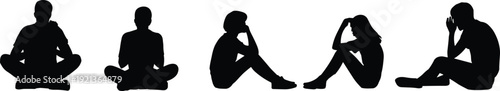 Flat vector people silhouettes sitting thoughtful emotional posture meditation contemplation illustration