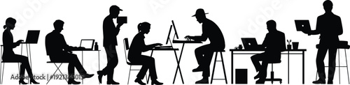 Flat vector office silhouettes people teamwork laptops modern workplace technology illustration