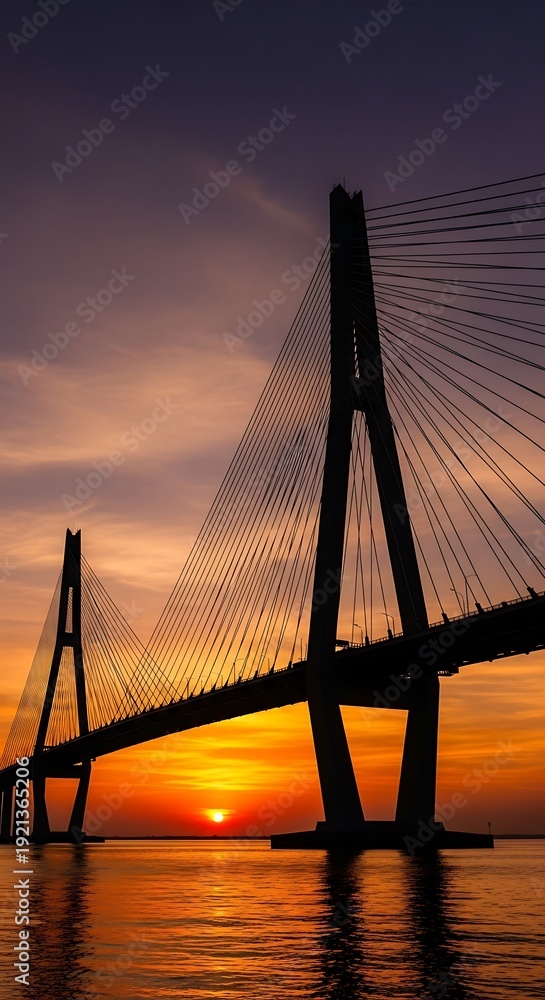 Obraz premium Cable-stayed bridge over water at sunset.