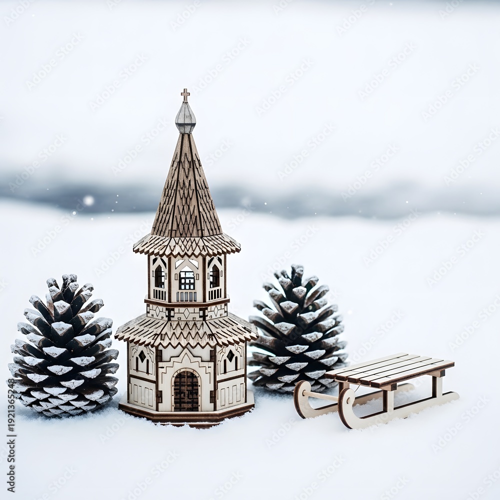 Fototapeta premium A miniature model of a white ornate tower with a steeple surrounded by snow covered pine trees and a bench in a winter wonderland scene