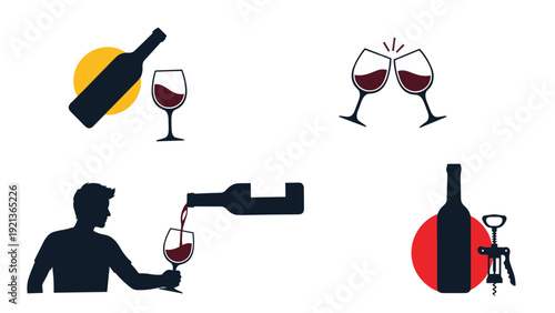 Set of wine themed illustrations including bottle glass pouring and corkscrew for professional bar menus and winery branding.