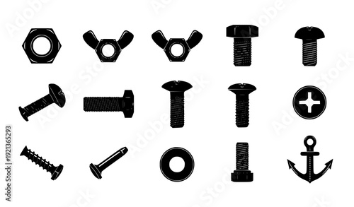 Nuts Bolts Screws Rivets Icon Set Hardware Fastener Silhouette Vector Collection Transparent Background