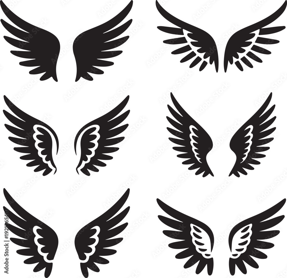 Fototapeta premium Set of hand drawn bird or angel wings of different shape in open position. Black doodle wings set
