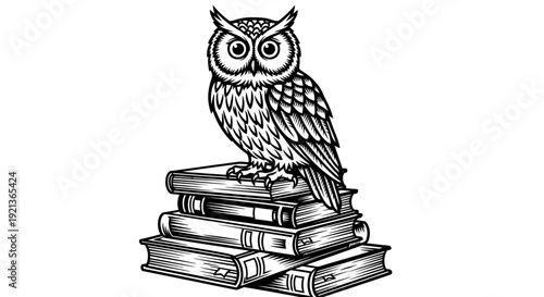 An owl perches on a stack of books in a serene and studious environment, viewed from a slight angle, in a detailed black and white illustration style.