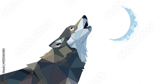 Geometric illustration of a wolf howling at the moon, showcasing modern artistry and creative expression in a minimalist style from a low-angle viewpoint.