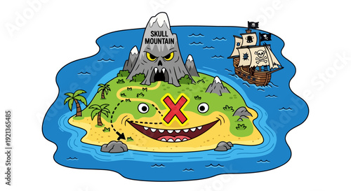 A cartoon island with a smiling face and a red X marked on it surrounded by sea and a pirate ship sailing nearby illustration