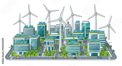 Sustainable cityscape with modern buildings, wind turbines, and lush greenery viewed from above, showcasing eco-friendly urban development and renewable energy sources in a futuristic environment