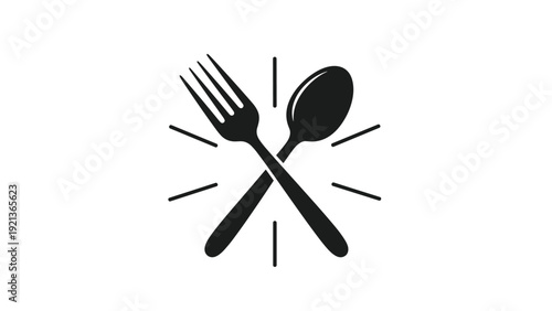 Crossed fork and spoon silhouette with ray lines for restaurant logo food court signage and professional dining services.