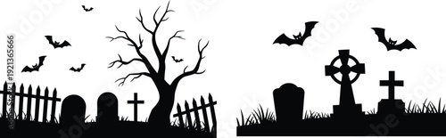 Flat vector Halloween graveyard silhouettes spooky tree, bats, gravestones, eerie scene