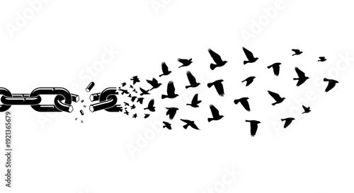 Breaking free from constraints, birds fly away as a chain shatters into pieces, symbolizing liberation and freedom in a powerful illustration.