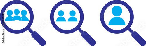 hiring icon set. Search job icon. vacancy sign. search people. Person avatar. Search profile icon. Magnifier with user avatar for identity look and candidate analysis vector illustration. Hiring and 