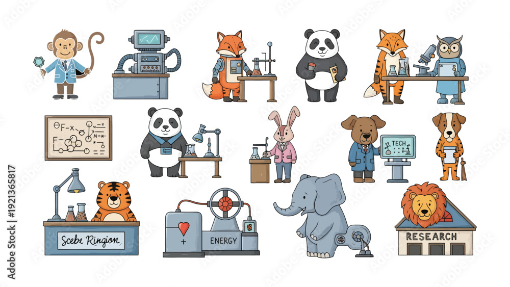 Fototapeta premium Animal Scientists' Research & Experiment: A collection of charming cartoon animals, each embodying a scientist, actively engaged in laboratory experiments and research endeavors.