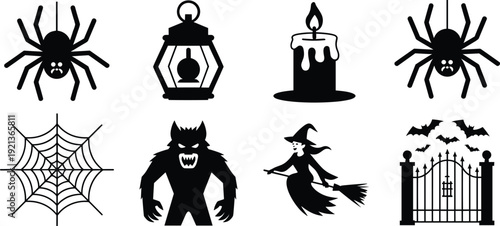 Halloween icon set collection, spider witch werewolf lantern candle web haunted gate silhouette symbols