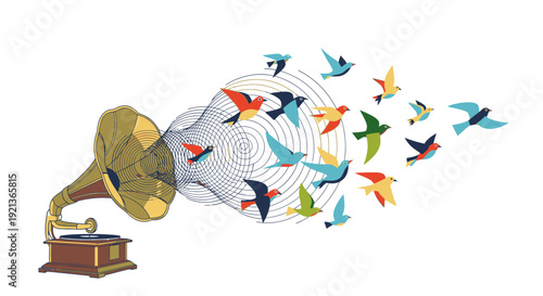 Vibrant birds emerging from a gramophone, symbolizing the harmony of music and nature, viewed from a creative perspective, surrounded by colorful illustrations