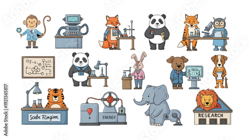 Animal Scientists' Research & Experiment: A collection of charming cartoon animals, each embodying a scientist, actively engaged in laboratory experiments and research endeavors.