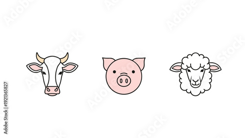 Farm animals head set with cow pig and sheep icons for meat production organic farming and dairy products branding.