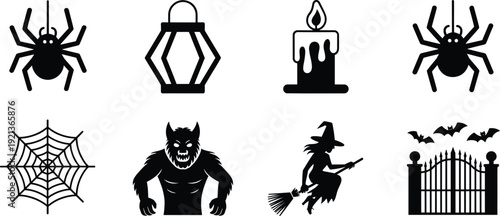 Halloween icons set with spider candle lantern witch werewolf bat and haunted gate silhouette
