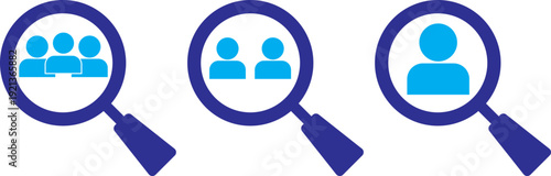 hiring icon set. Search job icon. vacancy sign. search people. Person avatar. Search profile icon. Magnifier with user avatar for identity look and candidate analysis vector illustration. Hiring and 