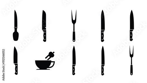 Collection of kitchen knives and utensils silhouettes for culinary training professional kitchen equipment and restaurant logos.