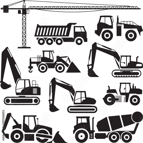 Set of heavy construction machines icons. Vector illustration