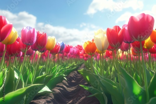 Colorful tulip field in bloom under bright blue sky during springtime