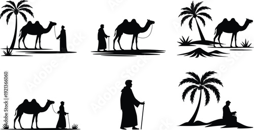 Flat vector desert silhouettes, camels with people, palm trees, traditional cultural scenes