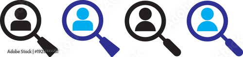 hiring icon set. Search job icon. vacancy sign. search people. Person avatar. Search profile icon. Magnifier with user avatar for identity look and candidate analysis vector illustration. Hiring and 
