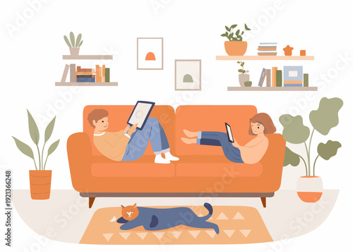 Couple relaxing on an orange sofa with devices in a cozy living room